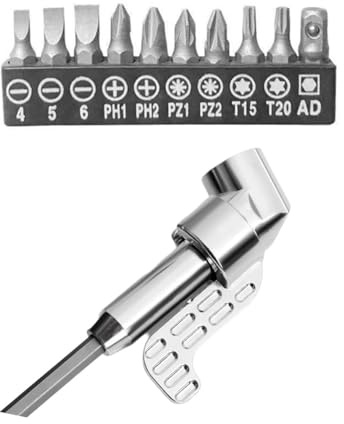 Helilyco 105 Grad Winkelschraubendreher-Bit-Set mit Sechskantschaft für elektrische Bohrmaschine, Silber, 1 Winkelkopf und 10 Bits