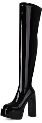 Generico Stivali Donna sopra Ginocchio Plateau Tacco Blocco Chunky Tomaia Verniciata Zip Laterale Punta Tonda Silhouette Audace Fodera Morbida Soletta Imbottita Suola Durevole,Nero,38.5 EU