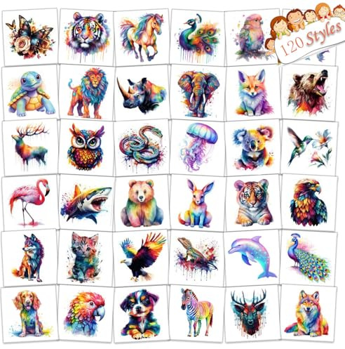 Animals Temporary Tattoos, 120 Sheets Watercolour Animal for Girls Boys Body Arm Shoulder, Kids Tattoos Party Bag, Birthday Party Supplies Gifts for Kids