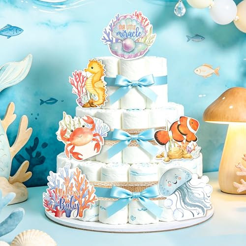 Sjöjungfru-babyshower-dekorationer, hav, blöjkaksdekorationer | Sjöjungfru-babyparty hav blöja tårtdekorationer party under havet tårta tillbehör band dekorativa kort