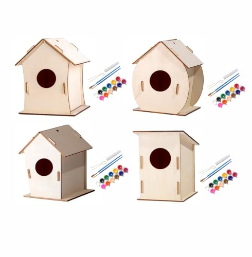 YIVFOX Wooden DIY Hanging Patchwork Birdhouse Set, Suitable for Children's Parties and classrooms, Artistic Painting Handmade Birdhouse Set.Creative Handmade Party Design. (4pcs)