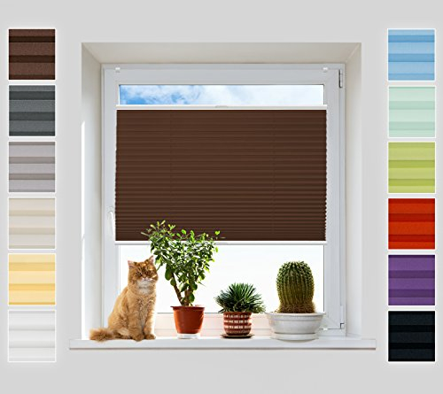 Plissee Ohne Bohren Klemmfix, Braun 90x220 cm, Jalousie mit easyfix Metall Klemmträger | Pearl Stoffkollektion | Leicht zu montieren | Faltrollo Sichtschutz, Sonnenschutz, Fenster