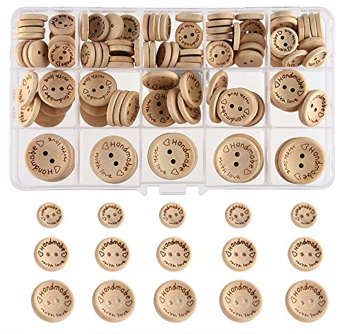 FEPITO 140 Stück Handmade Knöpfe “Handmade mit Liebe” Holzknopf 15mm 20mm 25mm Runde Form Holzknöpfe zum Nähen und Basteln von Dekorationen