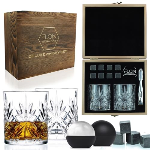 FLOW Barware Whiskey Glasses Set Of 2 & Polished Whisky Stones Gift Set | Whiskey Glass Tumblers With Cut Design | Whisky Glass For Scotch, Bourbon Rocks Glass | Whiskey Gift Sets For Men