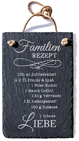 Spruchreif · Schiefer Tafel mit Gravur Rezepte · Türschild · Schieferschild mit Juteband · Dekoschild aus Schiefer zum Aufhängen (Familienrezept)