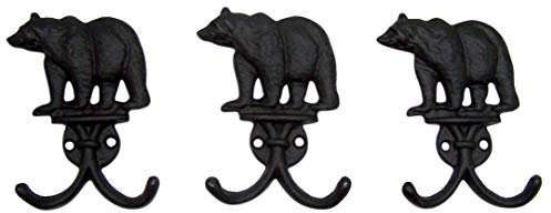 Wowser Rustic Black Bear Cast Iron Double Wall Hooks, Set of 3, 5.25 Inches