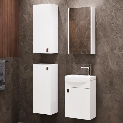 Planetmöbel Badmöbel Set Waschtisch mit Unterschrank | 40 x 60 x 29 cm, Spiegelschrank 40 cm, 2x Midischränke für Badezimmer, Gäste WC & Bad, Weiß