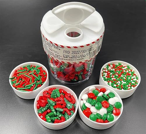 Streusel de Noël, perles de sucre, vert, rouge, bonbons, 120 g, 4 compartiments, arbre de Noël comestible, décoration de gâteau, décoration de cupcake, toppings pour glace, fêtes, shaker en verre