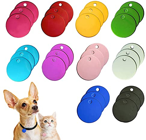 URROMA 30 PCS Round Blank Pet ID Tags, Mixed Color Dog ID Tags Double Side Pet Name Phone Number ID Tags Key Rings for Dogs and Puppy, 0.98 * 0.98