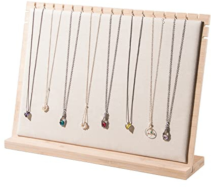 Justsoso Bamboo Big Necklace Display Stand, Pendant Necklace Wood Jewellery Holder, Chain Jewelry Rack Organizer, Tabletop Display Boards for Home or Shop Sell Show (Beige Velvet)