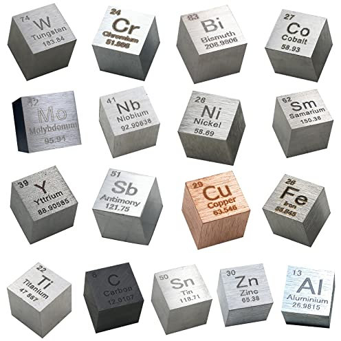 COYOUCO 17 Stück Element Cube Set Dichte Würfel Reines Metall Periodensystem Metallwürfel Wolframwürfel, Ti, Al, Fe, Cu, Etc Für Elementsammlungen Hobbys