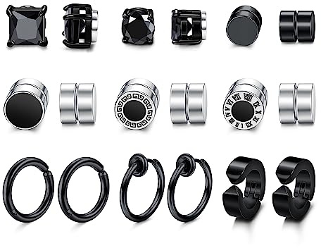 MILACOLATO 9 Pares Pendientes CZ Magnet Clip en Aro Set Negro/Plata