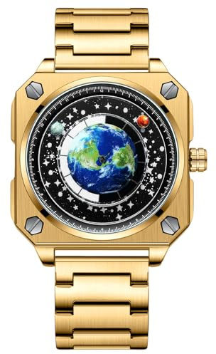 RORIOS Masculino Creativo Relojes Sin Manos Reloj de Pulsera Analógico Cuarzo Cuadrado Reloj Tierra Esfera Reloj Diseño Moda Reloj para Hombres Acero Inoxidable Oro Negro A