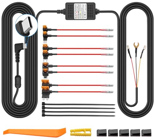 eSynic Kit de Cableado Directo para Dash CAM USB-C 3.5m - Conversor 12V-24V a 5V con Protección de Baja Tensión y Modo Acc, Incluye Portafusibles para Coche, Camión y SUV