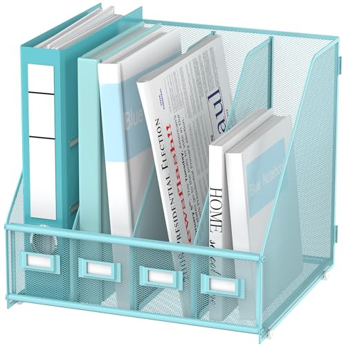 Zeitschriftensammler mit 4 Fächern, Organizer für Schreibtisch, Blau | Zeitschriftenhalter und Zeitschriftensammler aus Metall, 4 Fächer, Organizer für Ordner, Ordner, Zeitschriften und Papier