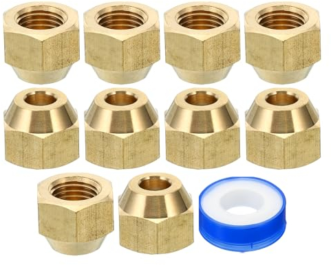 PATIKIL 1/4 SAE Dado a Compressione in Ottone, 10pz 45 Gradi Raccordo Tubo Svasato in Rame Tappo per Raccordo Tubo Ottone con Nastro Adesivo per Linea Gas Acqua Condizionatore Aria, Lucido