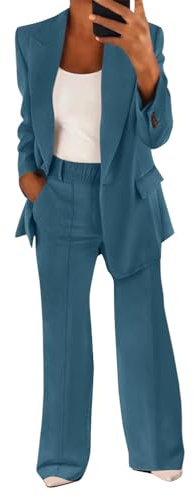shownicer Tailleur Femme Pantalon 2 Pièces Chic et Elegant Couleur Unie Slim Fit Blazer Veste Taille élastique Formel Bureau Travail Pantalon Costume Revers Manteau Ensemble A Bleu Foncé M