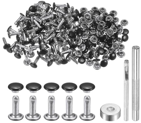 QUARKZMAN 100 Sets Leder Nieten 6mm x 10mm Metall Doppelkappen-Nieten Druckknöpfe Befestigungselemente mit 3pcs Werkzeugen zum Setzen für Lederhandwerk Reparatur Dekoration, Brillantschwarz