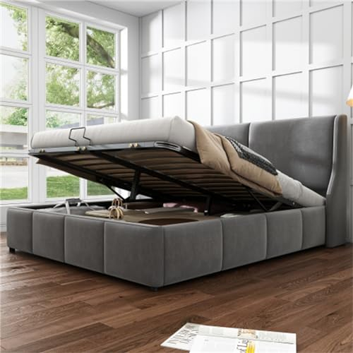 Gepolstertes Doppelbett, Ohren-kopfteil, Hydraulischer Stauraum, Mit Massivholzbrett, Grau – Modernes Design, Geeignet Für Schlafzimmer Für Erwachsene Und Jugendliche(Size:140x200cm)