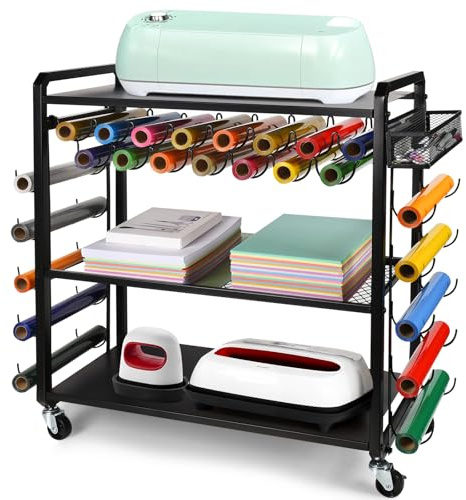 GADFISH Rollbarer Bastelwagen und Aufbewahrungstisch, kompatibel mit Cricut, mobiler Bastelrollen-Organizer, Basteltisch, Arbeitsplatz mit 25 Vinyl-Rollenhaltern für Bastelraum zu Hause