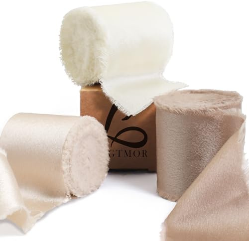 Ligtmor Nastro raso Chiffon 3,8 cm x 13,5 m Fiocco Regalo Nastri Seta per Inviti di Nozze Nastro in Tessuto Chiffon - champagne e nudo