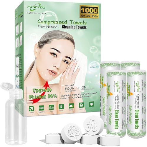 Fancyou Toallas Comprimidas en Pastillas, Desechable Toallitas de Viaje Con 4 Estuches y Toallitas Compactas Portátiles de Algodón para Viajes, Senderismo, Camping y Mochilero (1000 unidad Verde)