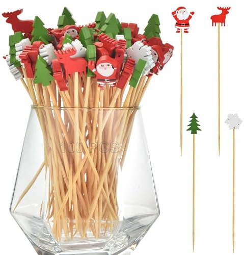 ALINK Weihnachten Cocktailspieße, 100 Pcs Holzspieße Fingerfood,12cm Cocktail Sticks，Schneeflocke Obststäbchen Schneemann Bambusspieße Fruit Picks Rentier Weihnachtsbaum für Weihnachten Dekoration