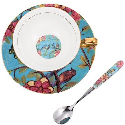 SHOWERORO Juego De Taza De Café De Porcelana China Estilo Europeo Con Platillo y Cuchara, Diseño Azul Pájaro Dorado, Capacidad Estándar, Para Té y Café, Adecuado Para Obsequio y Uso Diario