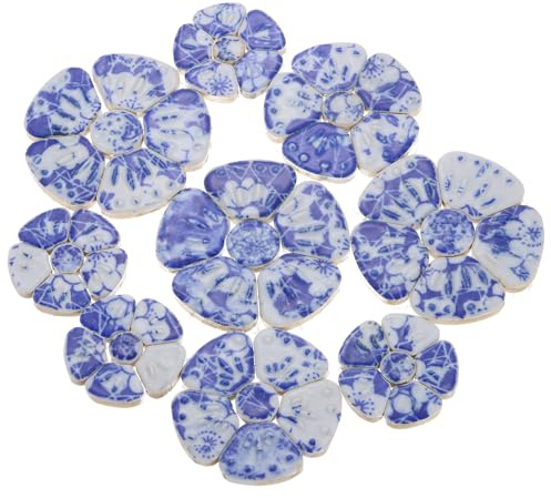sourcing map 250g/0.55 lbs Flower Ceramics Mosaic Tiles, 3.5-6 cm Bulk Stained Ceramic Mosaic Pieces Stones Mosaic Kits for DIY Handmade Art Craft Projects Home Decor, White/Dark Blue