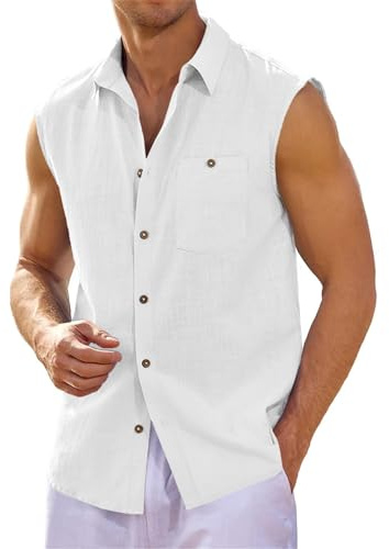 Runcati Camisa de lino para hombre, sin mangas, cuello vuelto, camisa para hombre, playa, verano, tiempo libre, camiseta básica, chaleco con bolsillo