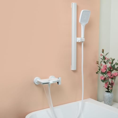 PHASAT Badewannenarmatur Wasserfall mit Handbrause, Duscharmatur mit Hubstange, Duschbrause mit 3-Fach verstellbarem Duschkopf, Badewanne Wasserhahn Duschset Weiß PTBW16E