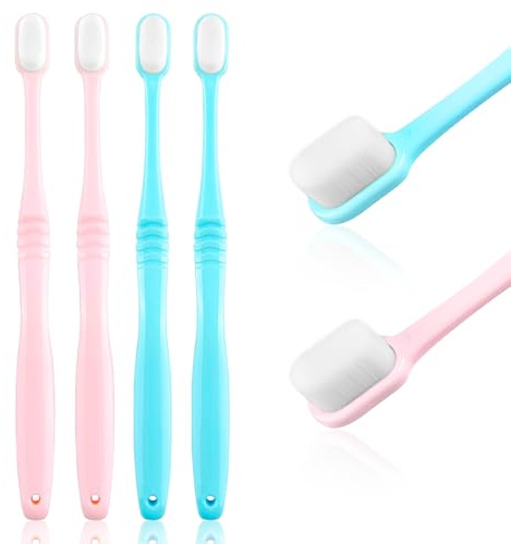 Extra weiche Zahnbürsten, Nano-Borsten-Technologie, empfohlen für Zahnärzte, 4 Stück | for Sensitive Teeth Fragile Gums 20.000 Micro Bristles Manual Toothbrush for Adult Children with Travel Case Blue/Pink