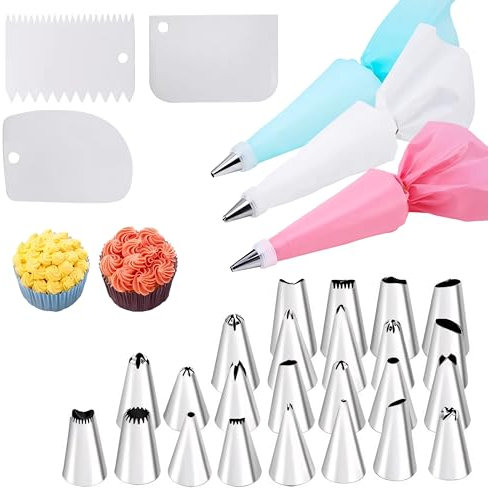 3 Spritzbeutel (12 Zoll) + 24 Spritztüllen + 3 Schaber + 1 spritzbeutel mit tüllen，spritzbeutel einweg，piping bag, spritztüllen，tüllen für l，wiederverwendbar
