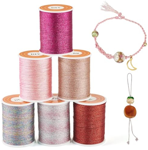 Spritewelry 42 m, 6 färger, polyester, metallisk tråd, 1 mm, glitter, smycken, flätad, tråd, pärlor, strängsnören för hantverk, broderi, vänskap, armband, tillverkning