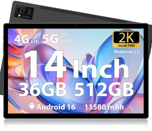LEVIRTU Tablet 14 Pollici Android 14 tablet, 256 GB ROM(Expand to 2TB),36 GB(12+24) RAM, Octa-Core 2.0GHz, 1920 * 1200 FHD 4 Speakers, 4G LTE/5G WiFi, 11580 mAh Battery, Con Custodia, Penna,Nero