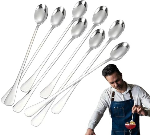 Cuillère longue, 8 cuillères à thé glacé en acier inoxydable, cuillères longues à agiter, cuillère à café glacée, agitateur de boissons de 18 cm, table de table pour desserts glacés