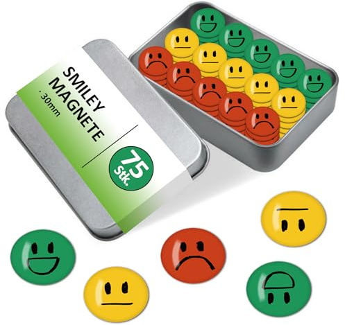 BIROYAL Smiley Magnete, Magnet Smiley 3D, 75 STK, mit Metallbox, Klassisch | Ø 30mm, 3mm Dicke, 3D Tropfharz, Kratzfest Magnete, Lehrer Zubehör, Magnete für Magnettafel, Tafel, Belohnungstafel Kinder
