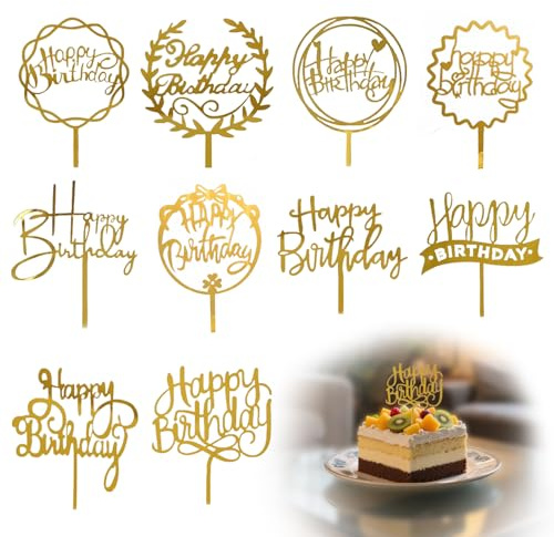 Lpolkvemelh 10 PCS Happy Birthday Cake Toppers, Gold Acrylic Cake Decoration, Birthday Celebration DIY Cupcake Inserts Party Supplies