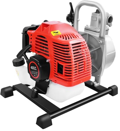 2 Stroke High Efficiency Petrol Water Pump Portable Pond Garden Irrigation Transfer Flow Motor Engine Clean Silencer and Long Inlet Pipe for Tank Filling Sprinkler Washing Silver 43Cc