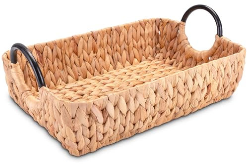 Decorasian Serviertablett geflochten aus Wasserhyazinthe – Deko Tablett rechteckig mit Griffen - Natur Holztablett als Frühstückstablett oder Hockertablett - 45 x 25 x 11cm
