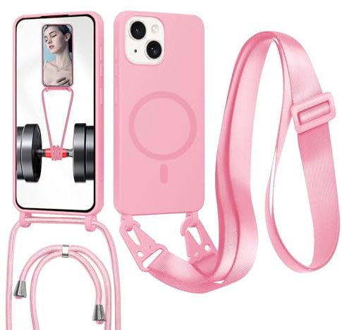FERLAN Cover Compatibile con iPhone 13 Mini Cover Magnetica, Silicone TPU Morbido Corda Collana Necklace Regolabile Stylish con Catena Ultra Sottile Case, Rosa