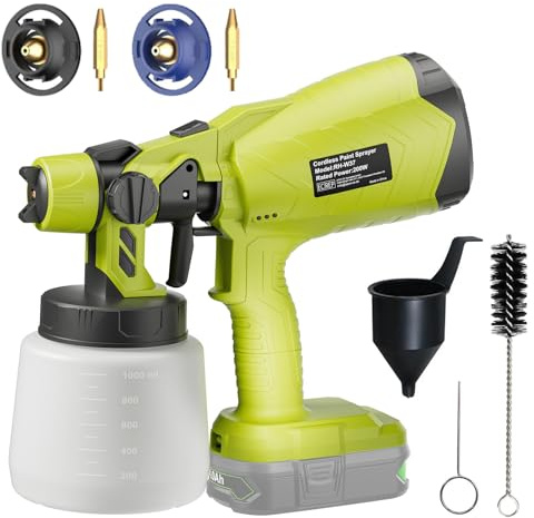 Kabellose Akku Farbsprühsystem für Ryobi 18V One+ Akku (ohne Akku) für Zäune und Terrassendielen, Akku Sprühpistole, Handfarbsprüher mit 2 Düsen und abnehmbarem 1L Tankfür Zuhause DIY Malerei
