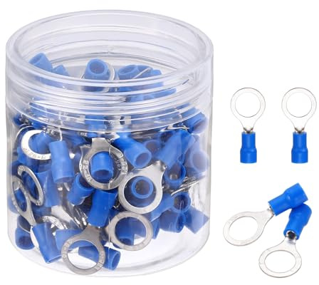 sourcing map 100 terminali ad anello isolati RV1.25-8, capicorda per batteria, 22-16 AWG, terminali elettrici a crimpare, connettori per cavi industriali, elettrici, blu