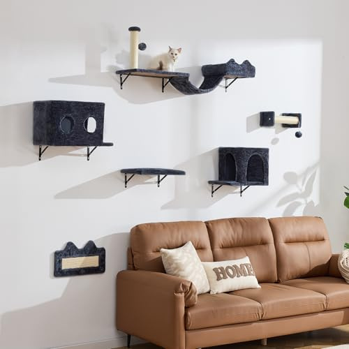 BYBYME KatzenklettergerüSt, 6PCS Stabiles KatzenwandmöBel-Set Mit Katzenbett Und -Haus, Kratzbrett Und Sisal-Bezogenen Pfosten FüR Katzen Zum Spielen, Ausruhen, Entspannen (Dunkelgrau)