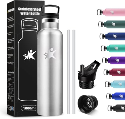 KollyKolla Gourde Isotherme 1L, Bouteille Isotherme Acier Inoxydable, Gourde Inox avec Paille, Isolation À Double Paroi Sous Vide, Anti Fuite et Réutilisable, sans BPA, pour Alpinisme, Travail
