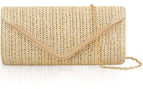 Larcenciel Sac Paille Beige en Crochet, Pochettes et Clutches Femme Ete avec Chaîne Détachable, Pochette Ceremonie Mariage Style Bohème Sacoche Femme Bandoulière pour Vacances, Cocktail(22.5x12x3CM)