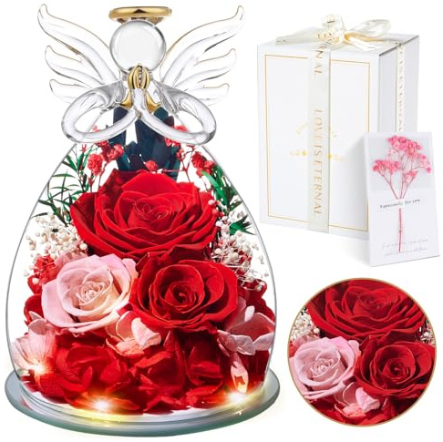 Touloube Ewige Rot Rose Geschenke | Ewige Rose in Engel Glaskuppel mit Einer wunderschönen Geschenkbox | Konservierte Blumen Handgemachte Infinity Rose für Frauen Freundin Mutter