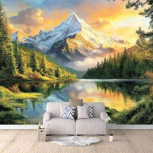 Carta da Parati Murale Foresta Del Lago Di Montagna Innevata 400x280 cm Fotomurali Effetto 3D, Paesaggio Naturale Decorazione Poster Arte Murale Moderna per Casa Ufficio Camera Da Letto Soggiorno.