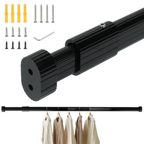 VirtuGro 1 pcs Kleiderstange Ausziehbar Schrank Oval 58-98cm Schwarz | Verstellbar Garderobenstange Wandmontage bis 70KG Oval Teleskop Kleiderstange für Schrank Kleiderschrank Fenster Waschküchen