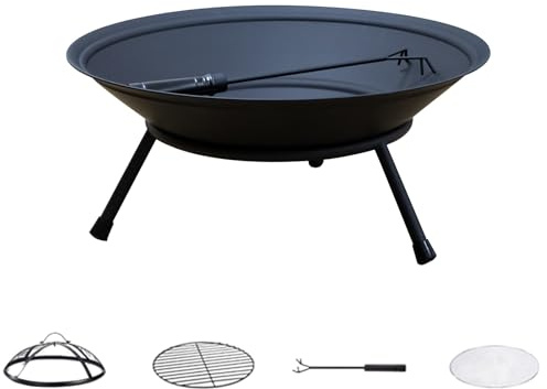 Braséro d'extérieur, Bol à feu en Fonte Robuste de 57 cm avec Support, tisonnier, Couvercle, Grille à Charbon et Support, pour Jardin, véranda, terrasse, Camping et Barbecue